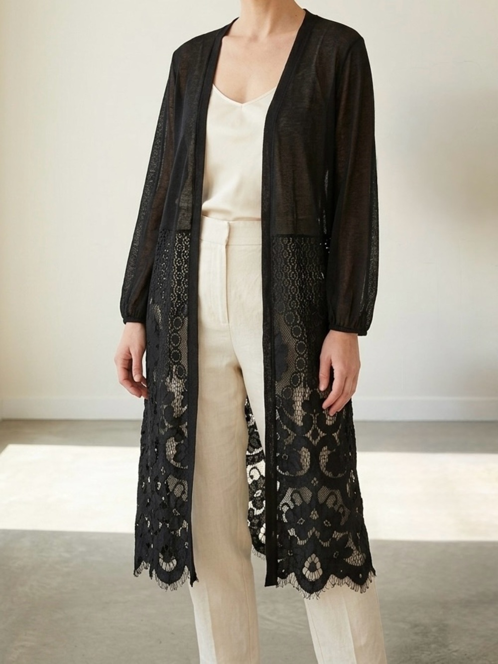 Ember Black Lace Mesh Longline Cardigan Duster XL Boho Romantic Sheer LIKE NEW